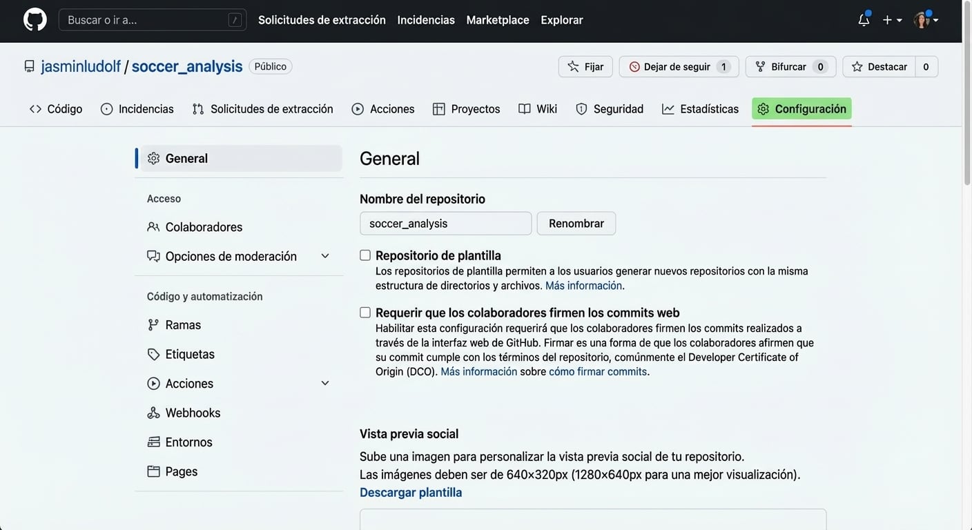 Vista del repo de análisis de fútbol con la pestaña Settings resaltada