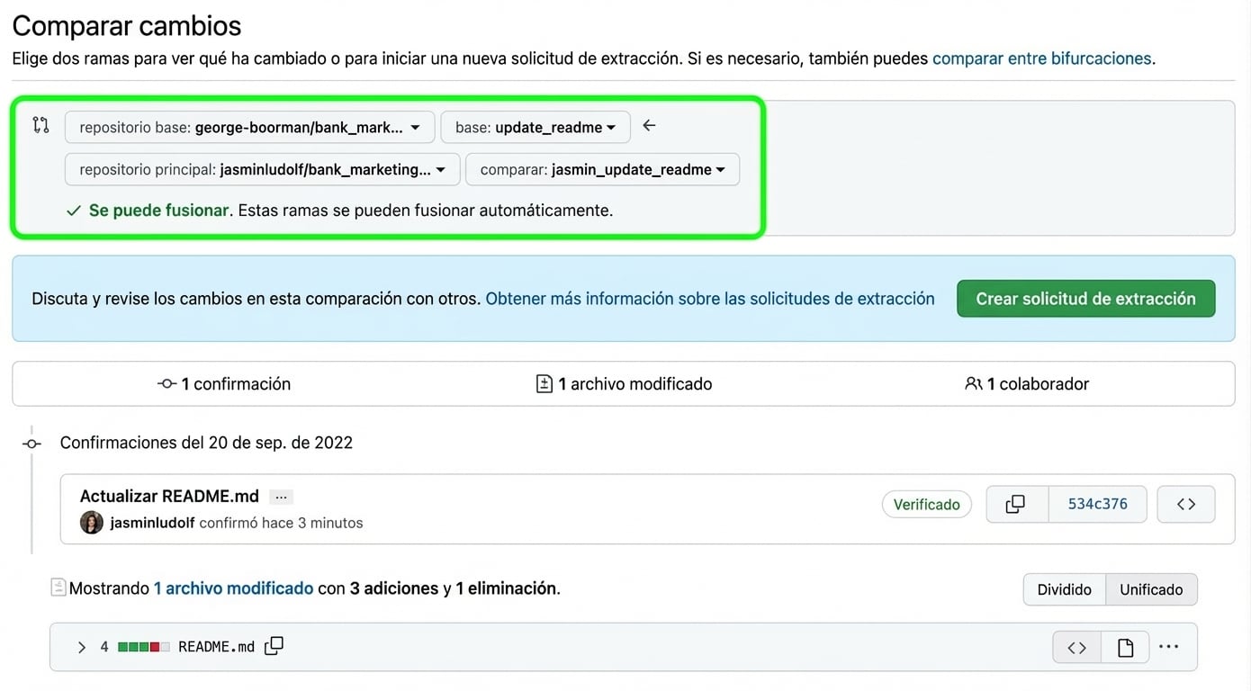 Vista que compara cambios destacando las ramas base y de comparación