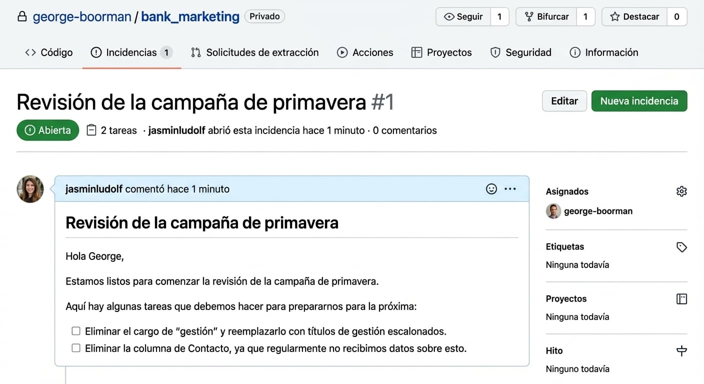 Vista de un issue enviado con un usuario asignado