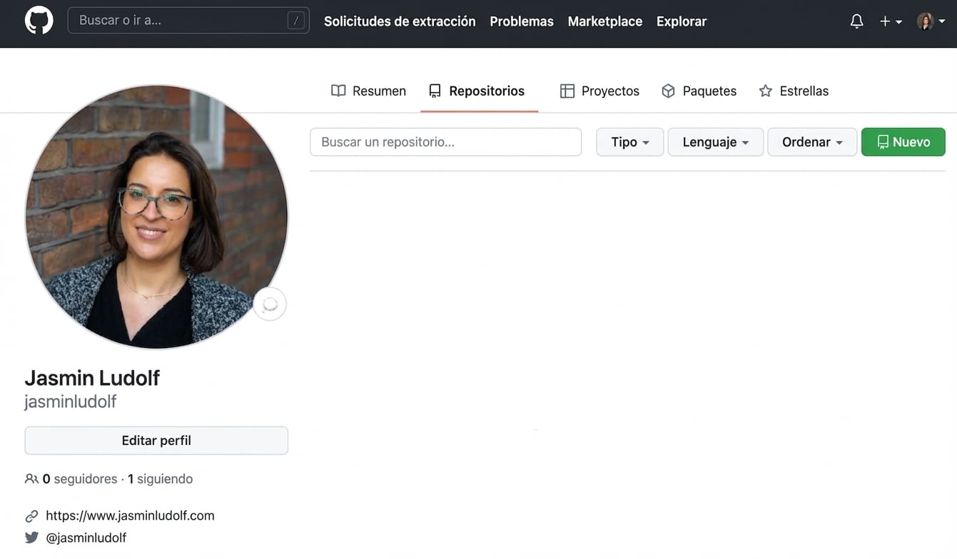 Vista de perfil de GitHub en la pestaña Repositories.