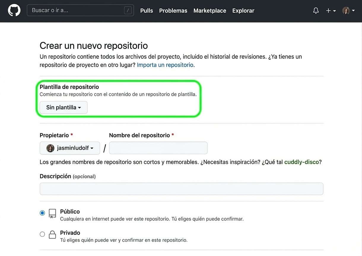 Vista de la página para crear un repositorio nuevo en GitHub con la opción de plantilla resaltada