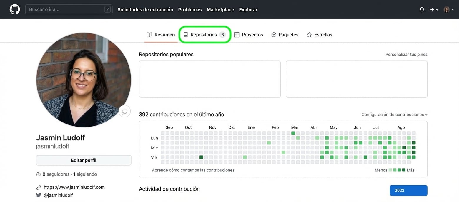 Captura de un perfil de GitHub con un círculo verde alrededor de la pestaña Repositories