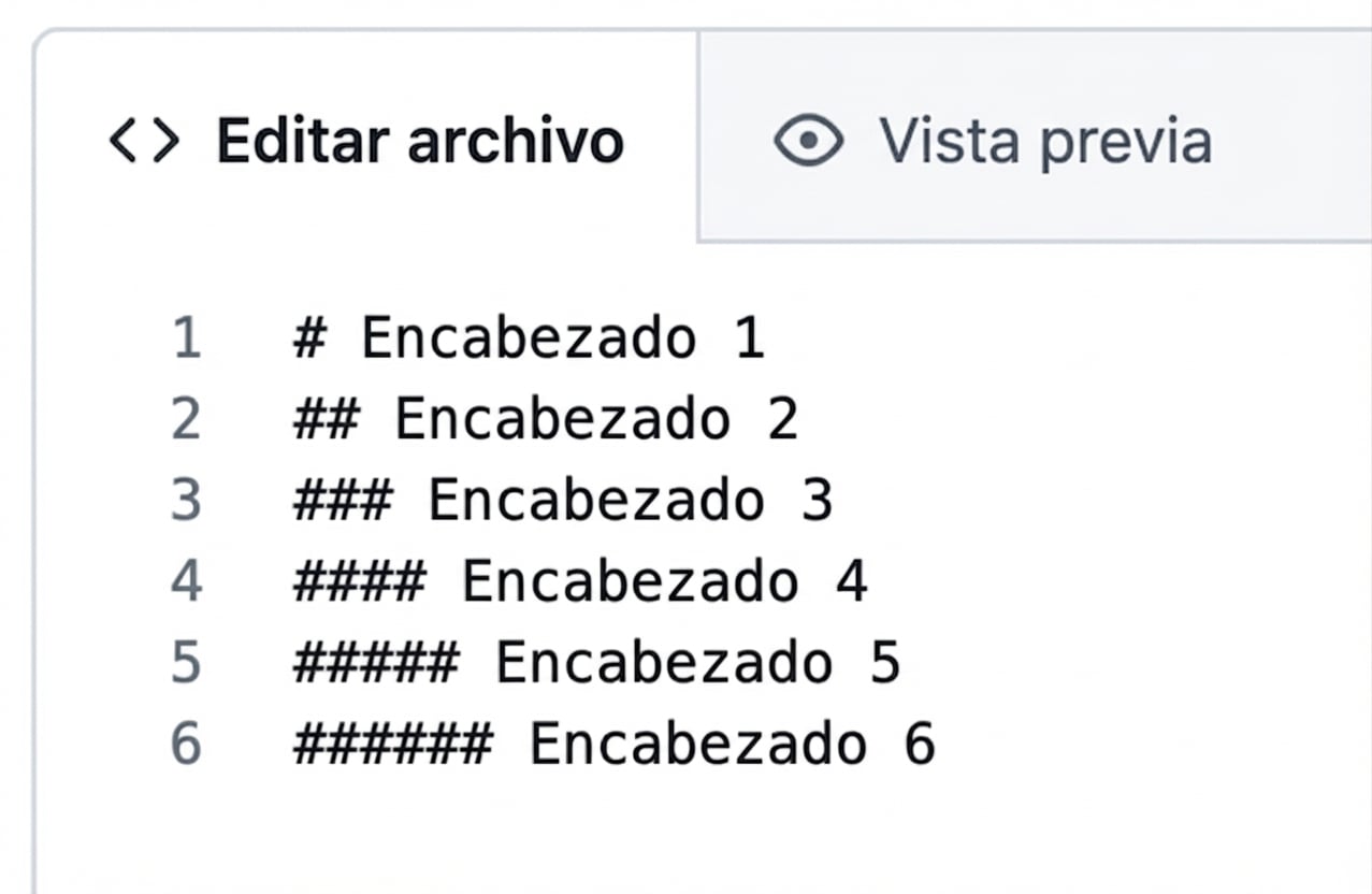 Vista de la página de edición de un archivo Markdown con la sintaxis de los seis tipos de encabezado