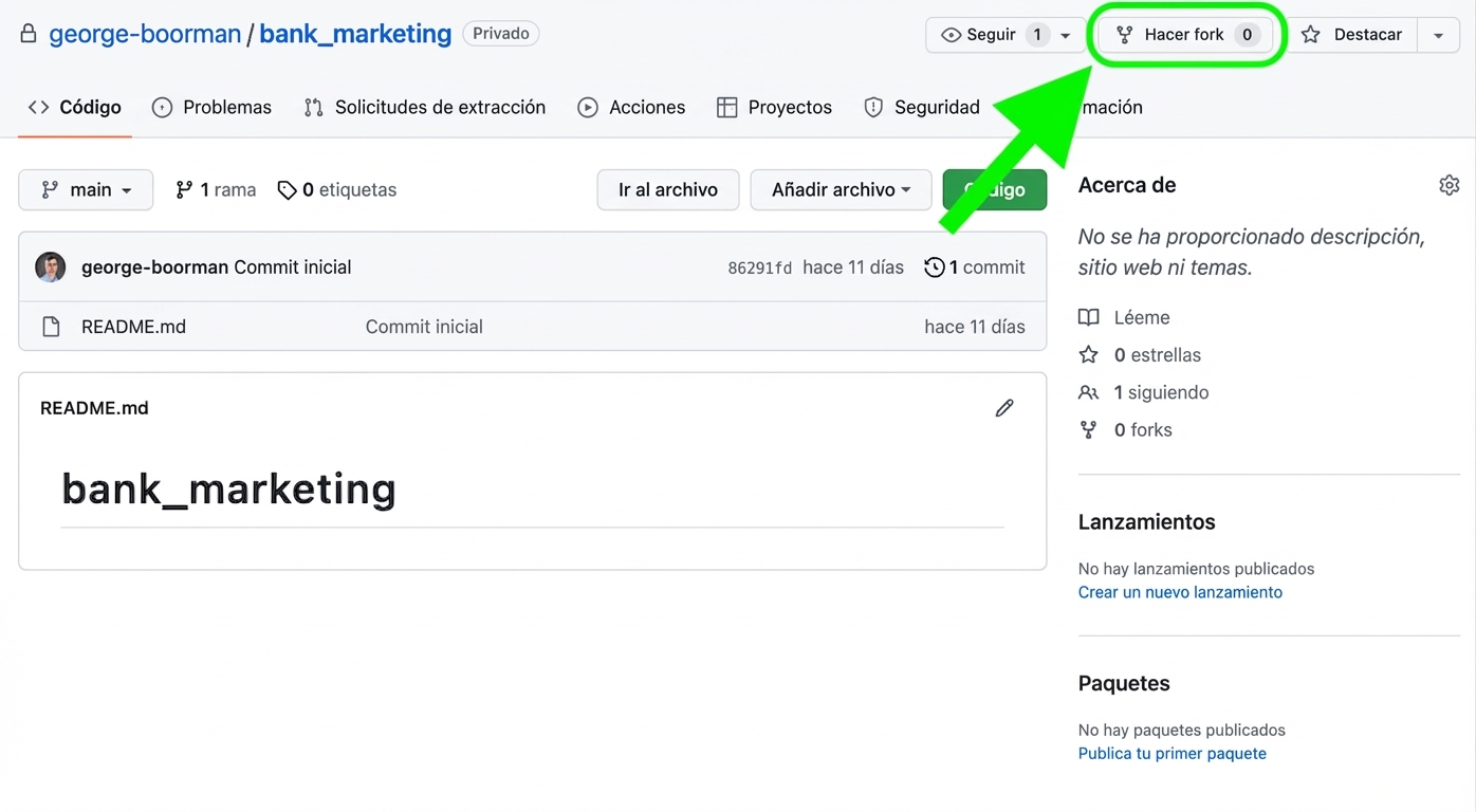 Captura de la vista principal del repo privado de bank marketing de George Boorman con el botón Fork resaltado