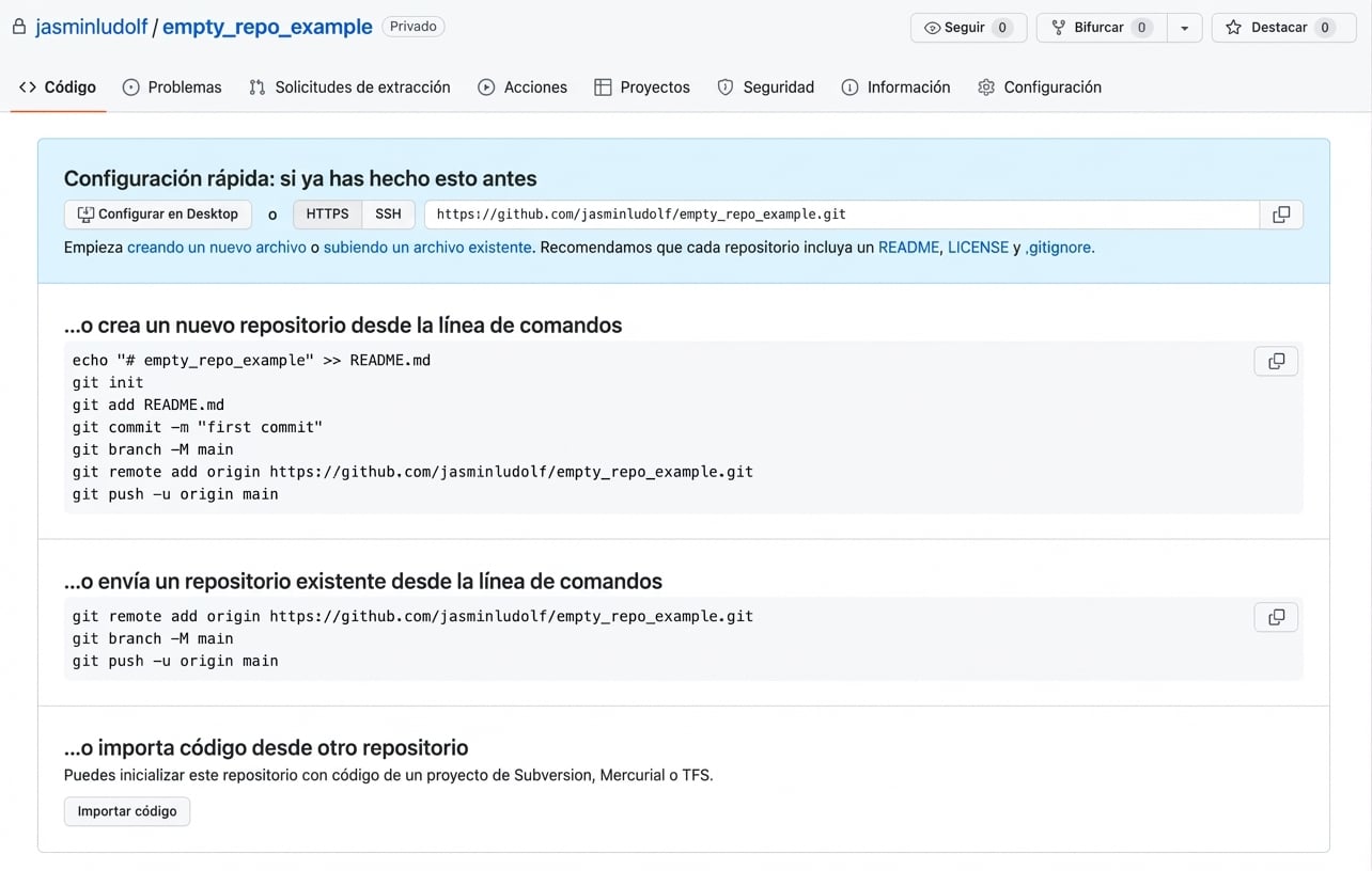 Vista de un repositorio vacío y dónde obtener el enlace de clonación