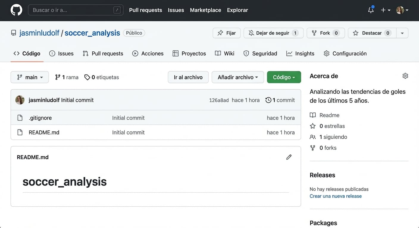 Vista del repositorio de análisis de fútbol con el archivo README resaltado
