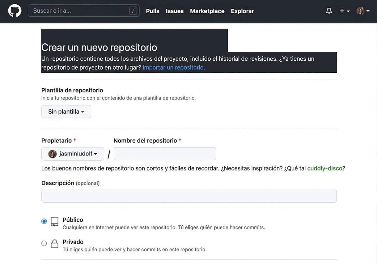 Vista de la página para crear un repositorio nuevo en GitHub