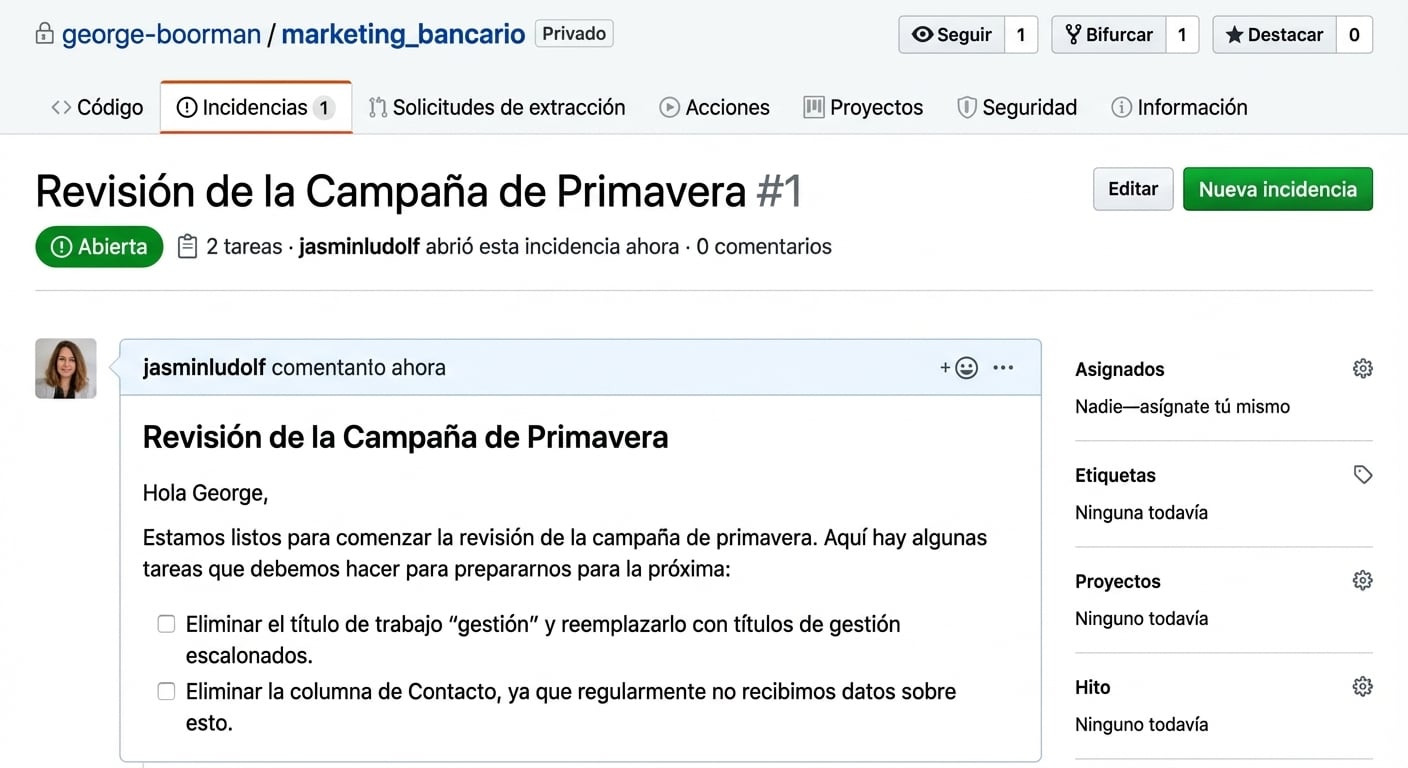 Vista de un issue enviado sin asignaciones