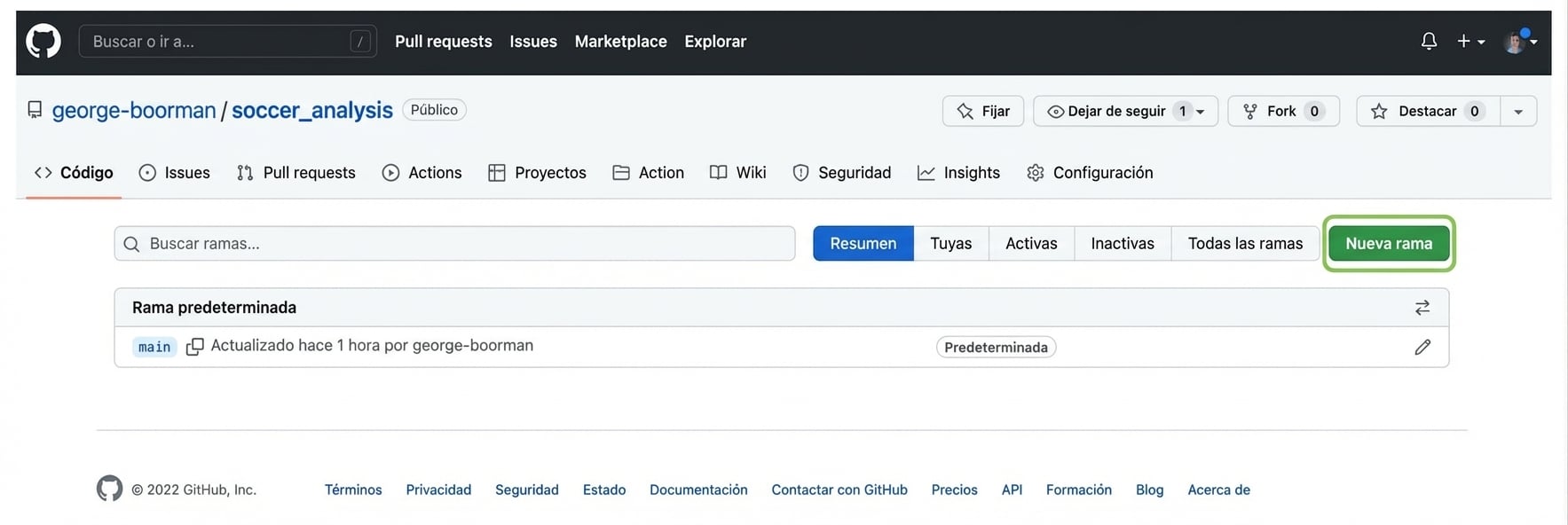lista de ramas, solo main. Botón New branch a la derecha en verde