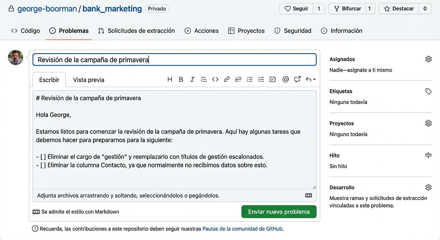 Vista al crear un issue nuevo con título y cuerpo rellenados