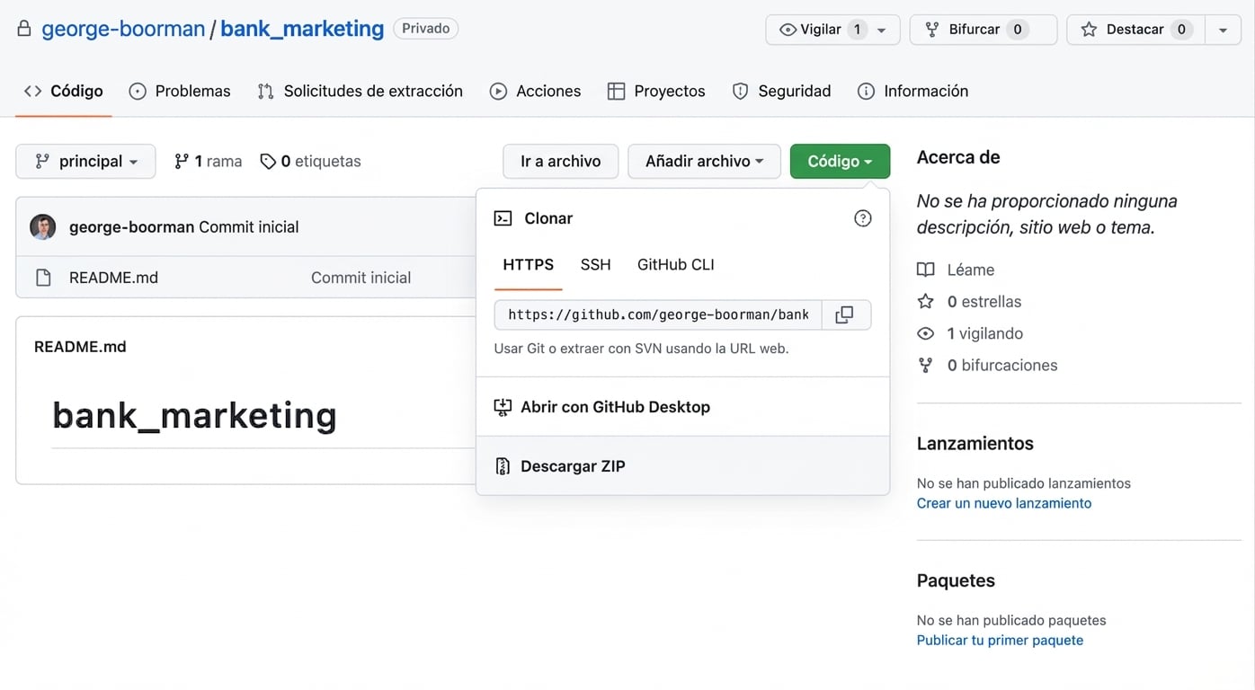 Vista del menú desplegable tras hacer clic en el botón Code en un repo de GitHub.