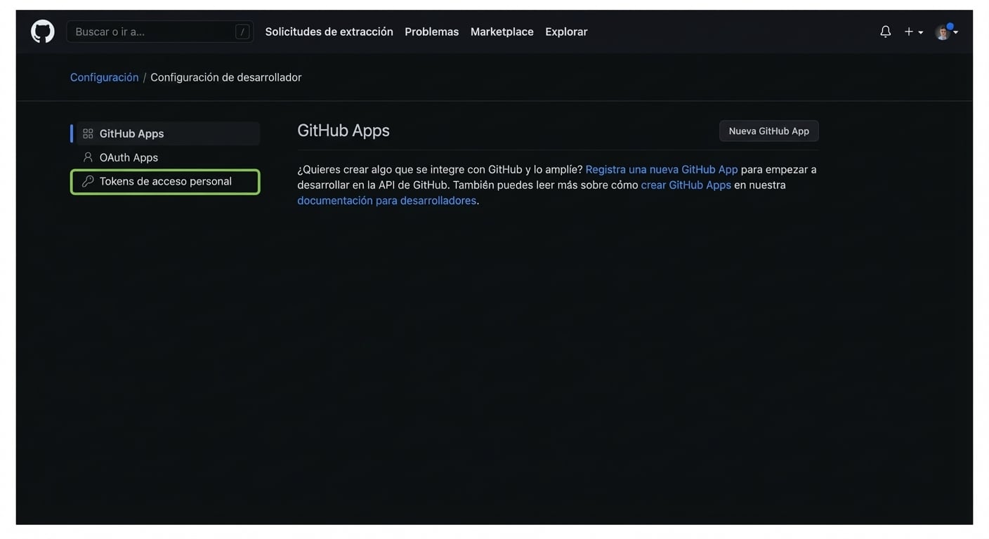 Página de ajustes de desarrollador con tres opciones: GitHub Apps, OAuth Apps y Tokens de acceso personal