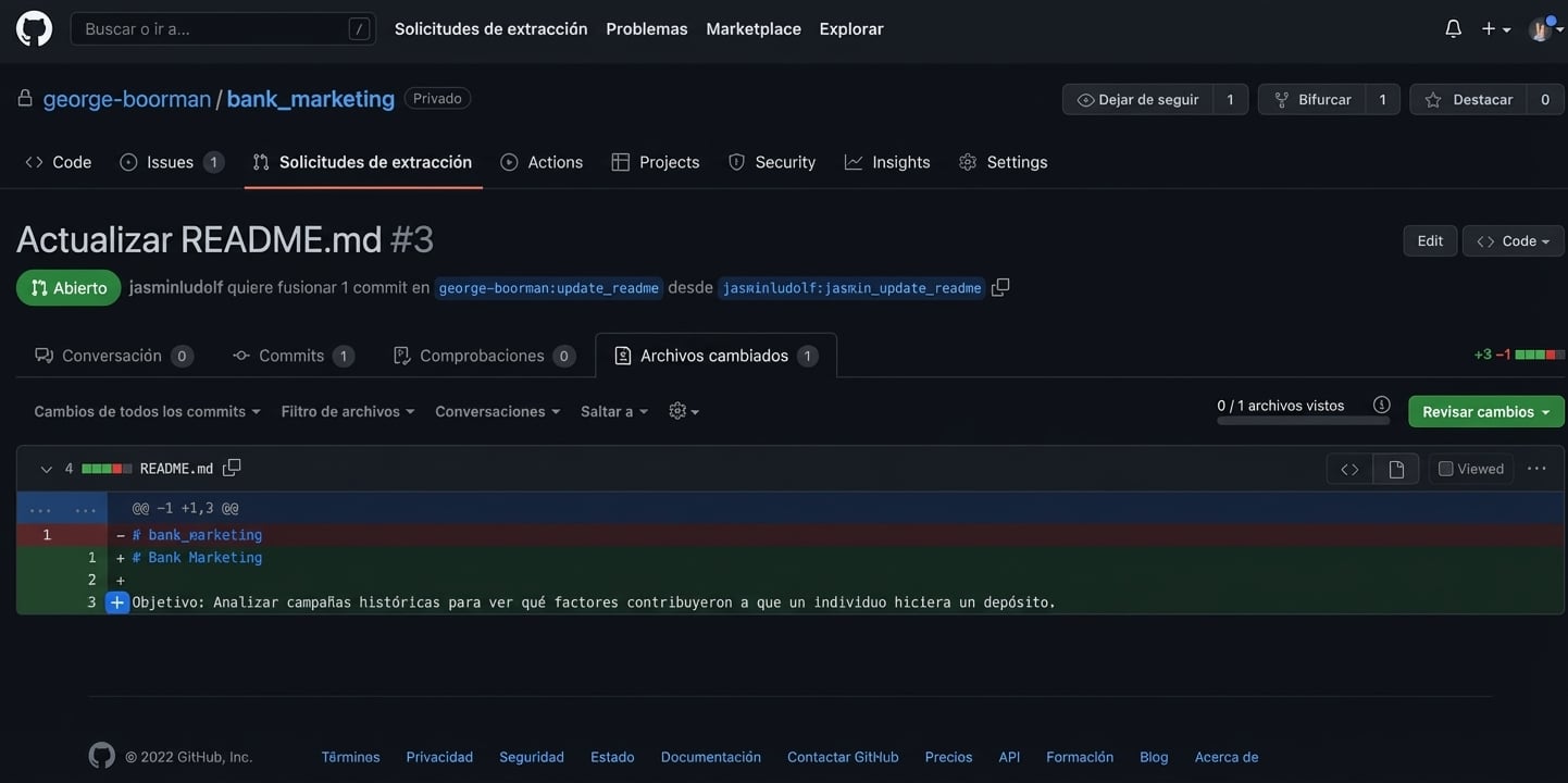 Vista del propietario de Files changed en un PR con el icono de cruz azul visible
