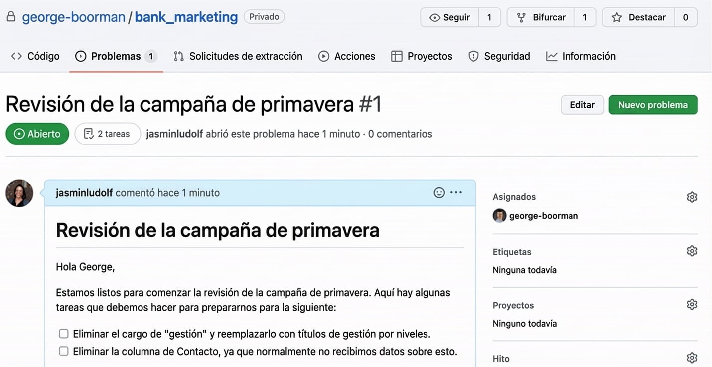 Imagen animada que muestra cómo mencionar a un usuario en un issue usando la arroba y el nombre de usuario.