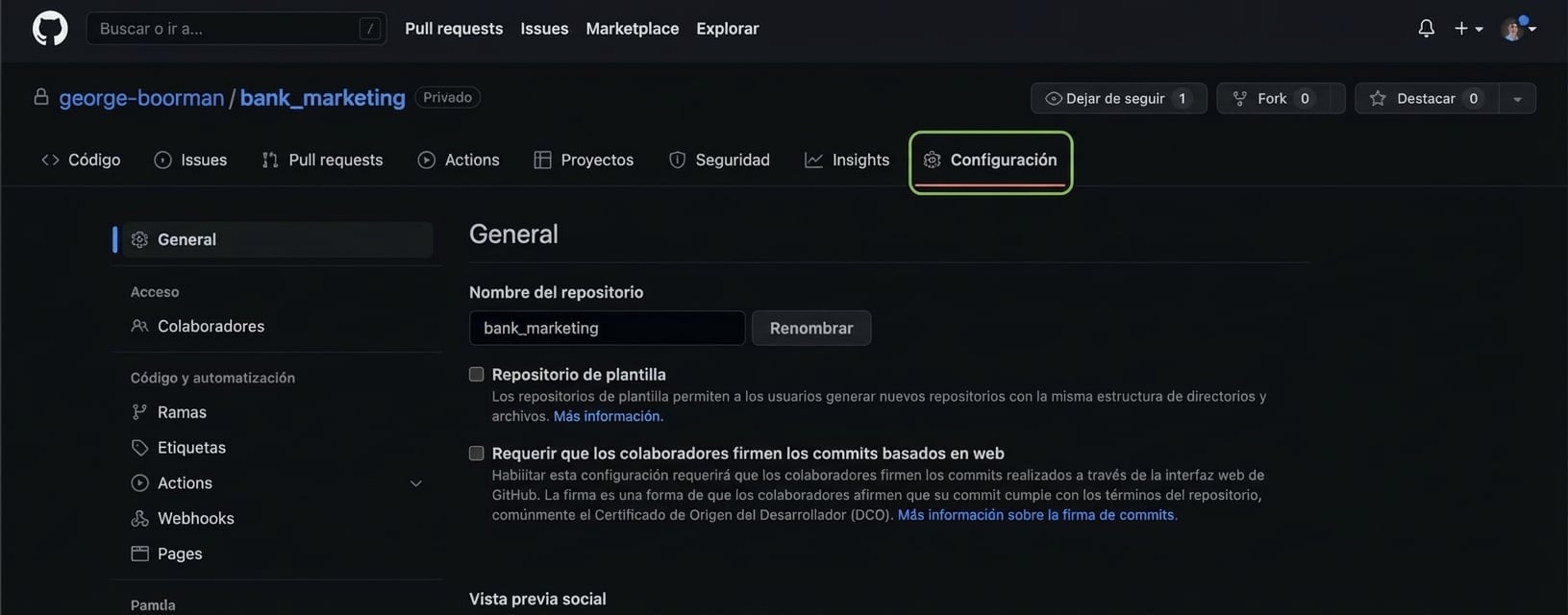 Pestaña Settings con Collaborators en la sección Access