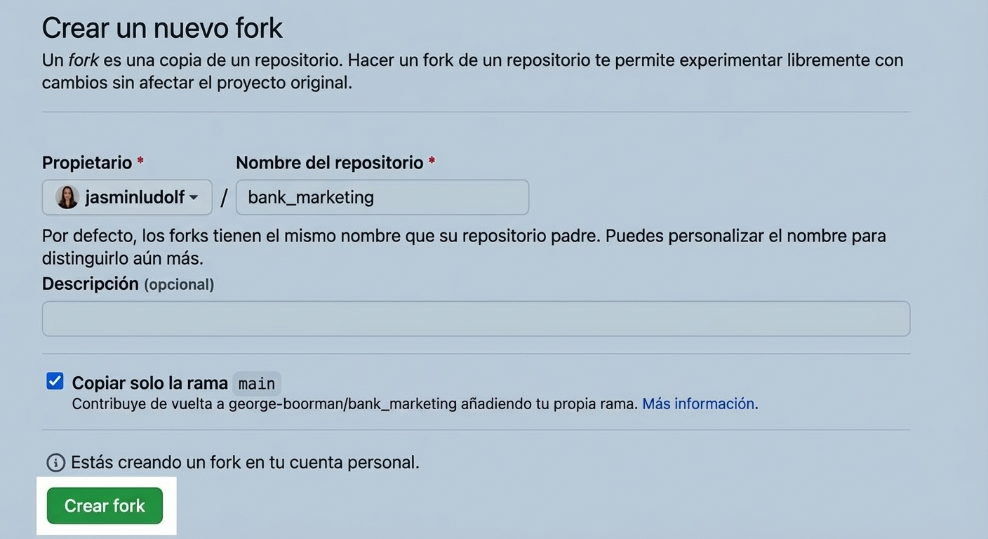 Vista de la página para crear un nuevo fork con el botón Create fork resaltado