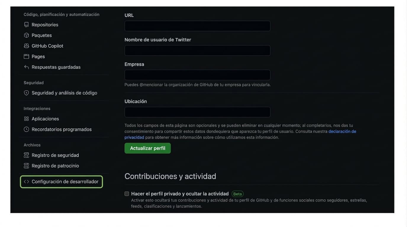Ajustes de desarrollador en la página de configuración