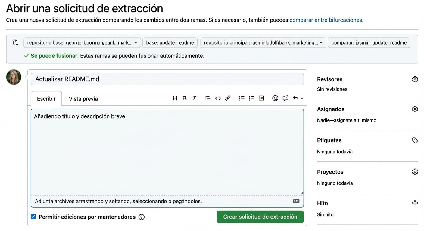 Vista para añadir más detalle a un pull request
