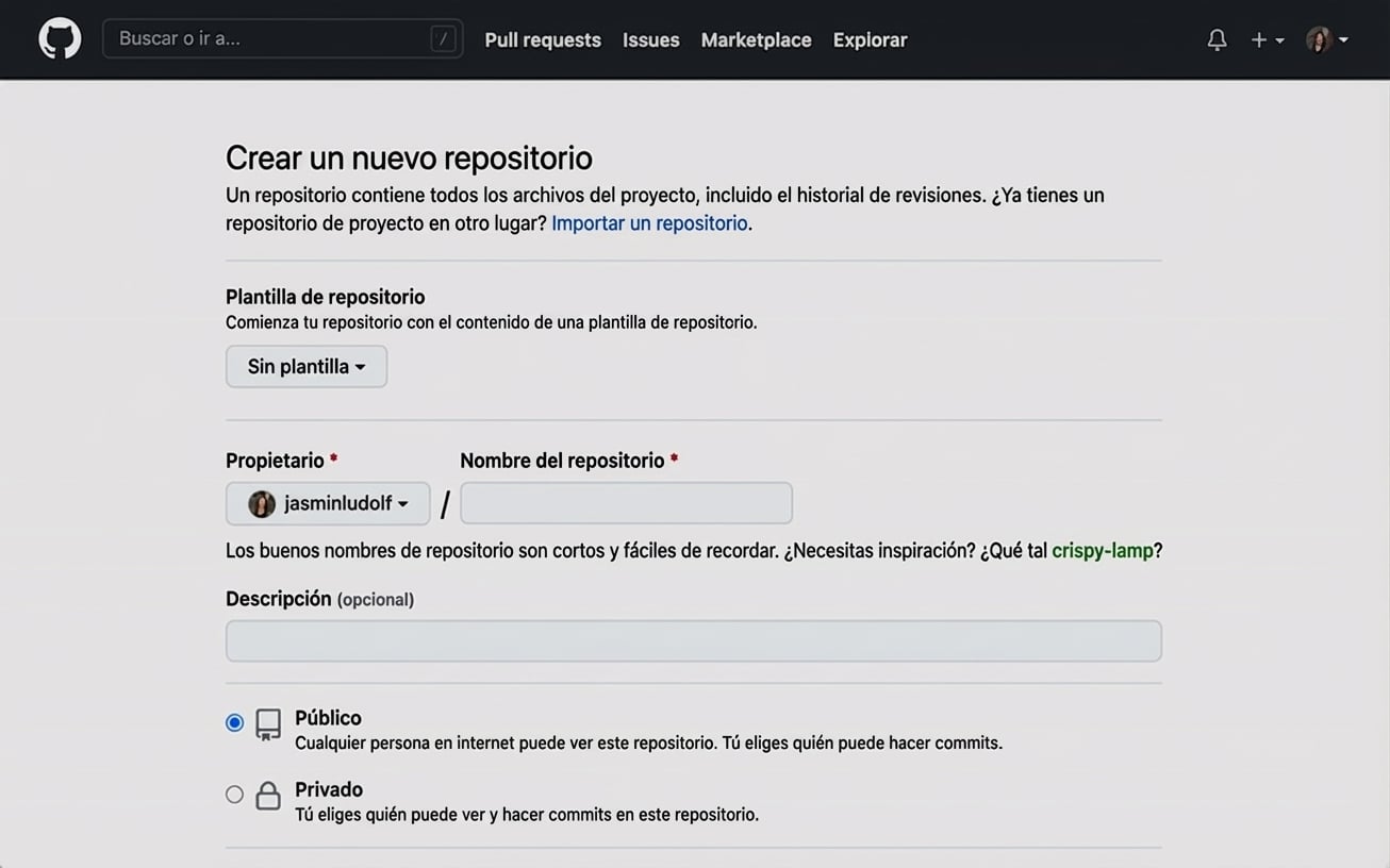 Vista animada de la página para crear un repositorio nuevo con el nombre y la descripción del repo completados
