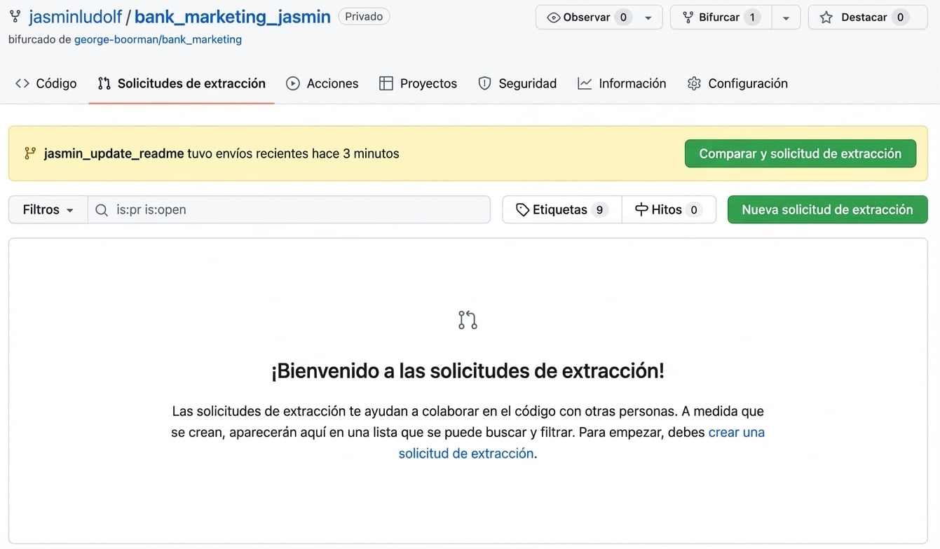 Vista de la pestaña Pull requests en el repositorio bifurcado