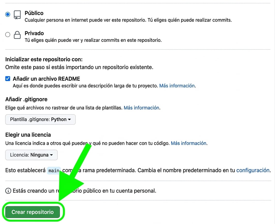 Vista de la página para crear un repositorio nuevo en GitHub con el botón crear repositorio resaltado