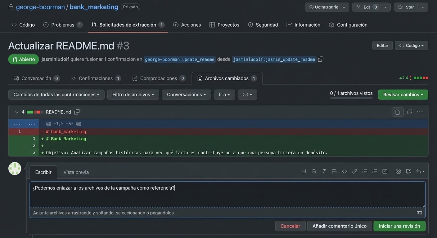 Vista del propietario de Files changed en un PR con caja de comentario para una línea