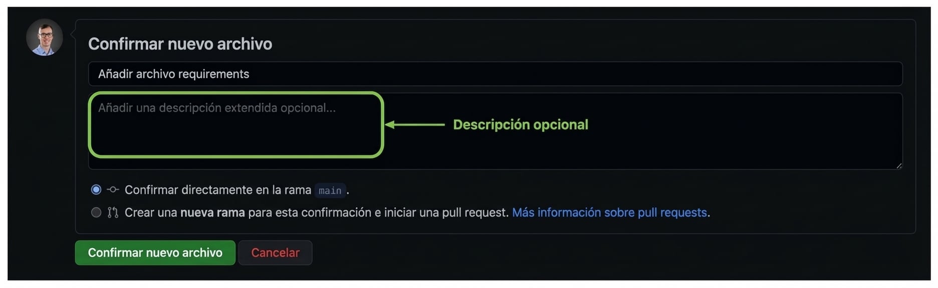 Cuadro de descripción extendida opcional en blanco