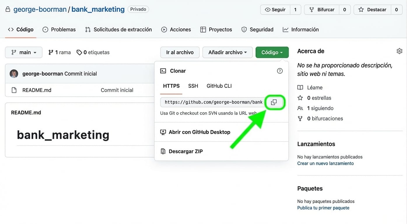 Vista del menú desplegable tras hacer clic en el botón Code en un repo de GitHub; el icono de copiar está resaltado.