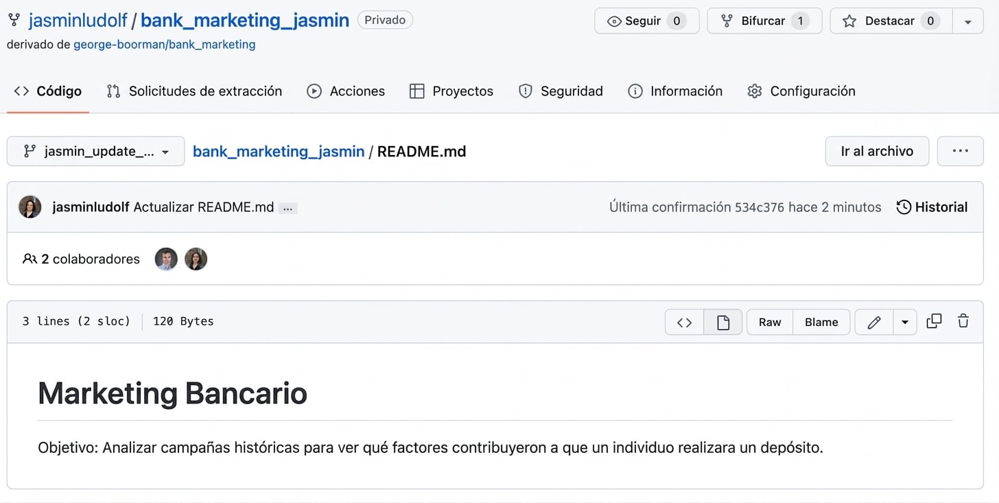 Vista del repositorio bifurcado con cambios realizados