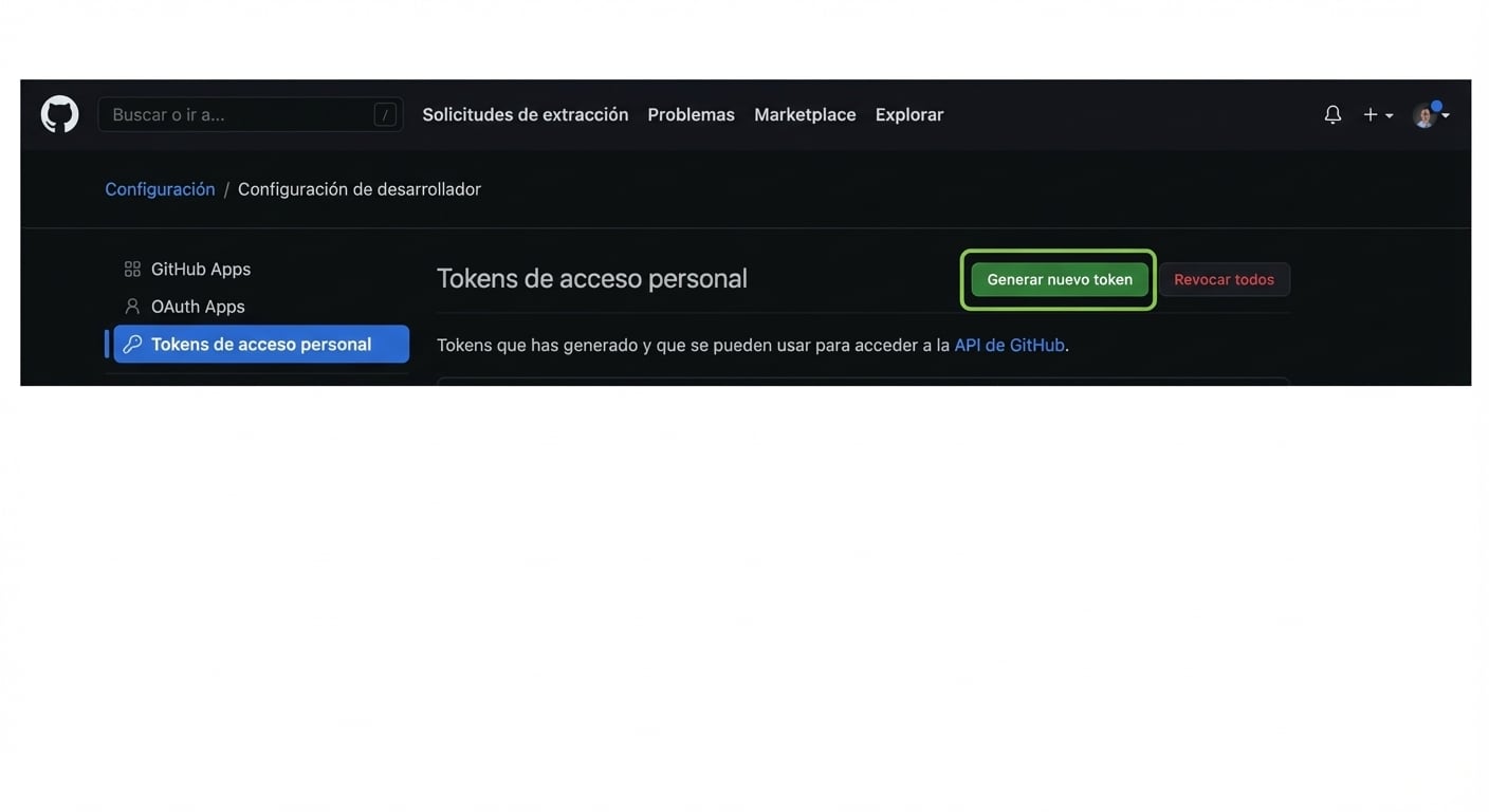 Sección de tokens de acceso personal, con botón Generar nuevo token