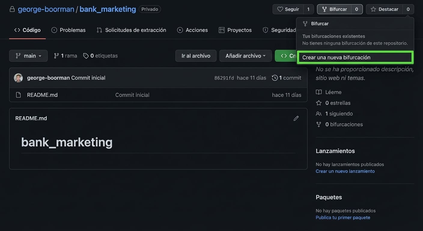 Captura de la vista principal del repo privado de bank marketing de George Boorman con el menú del botón Fork visible y el botón Create new fork resaltado