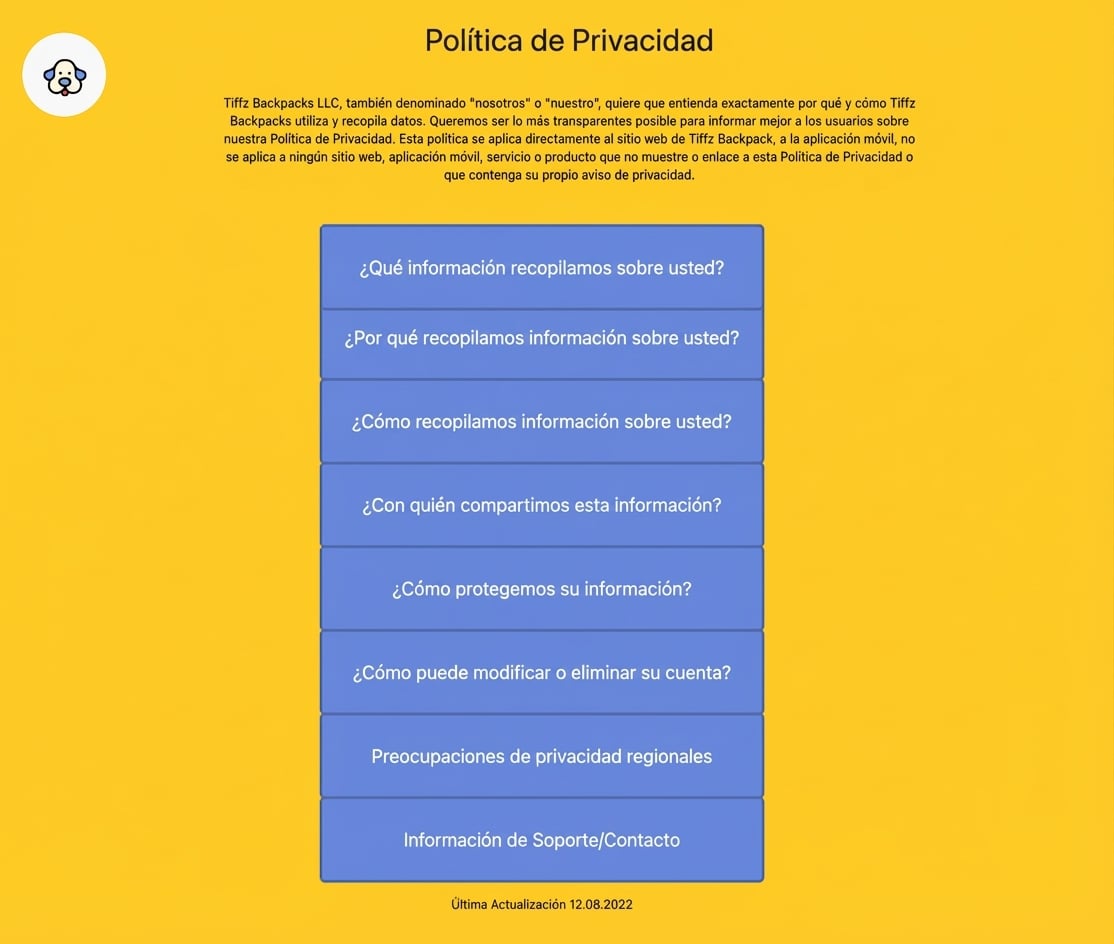 Página de Política de privacidad de Tiffz Backpackz