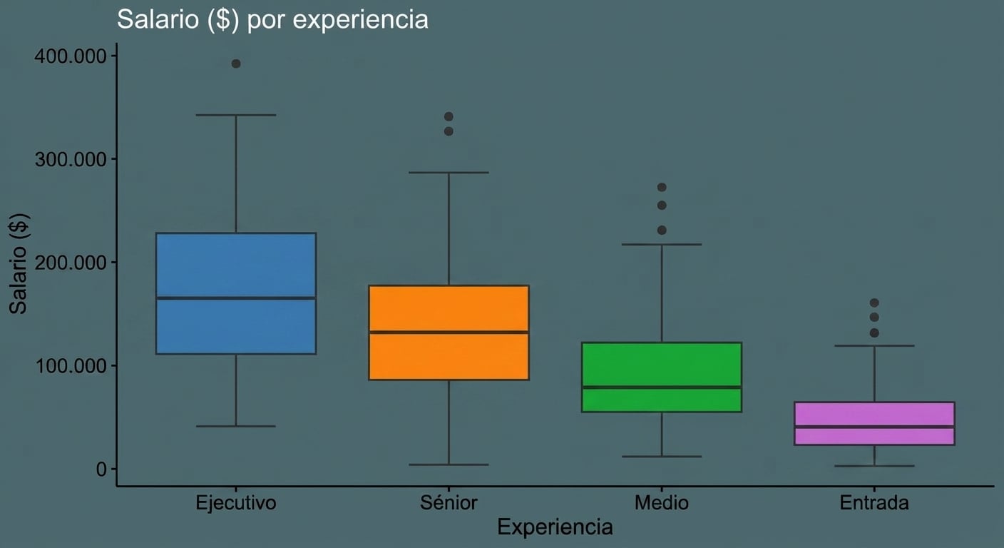 Gráfico de caja de los salarios según el nivel de experiencia utilizando un conjunto de datos con valores que faltan, que muestra un límite superior cercano a los 450 000 dólares.