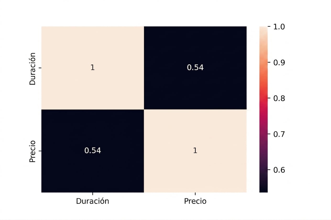 Mapa de calor que muestra un coeficiente de correlación de Pearson de 0,54 entre el precio y la duración