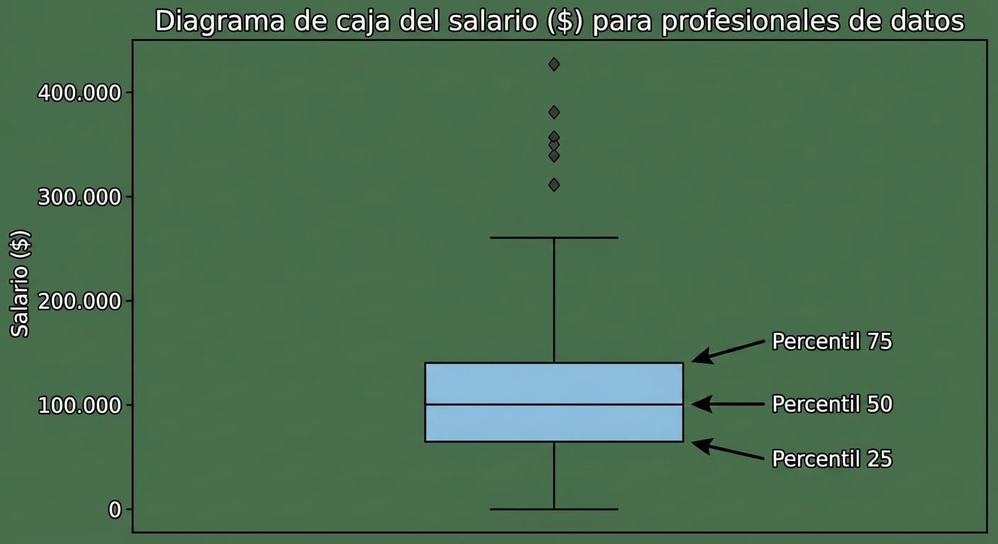 Gráfico de caja de los salarios de los profesionales de datos, que muestra el percentil 25 en la parte inferior del gráfico, el percentil 50 como línea media y el percentil 75 en la parte superior del gráfico