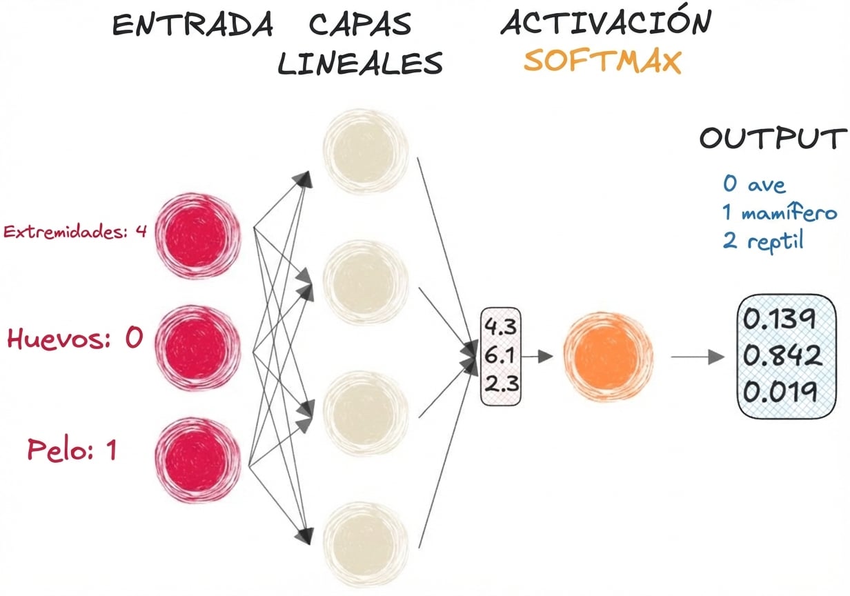 Diagrama de parte de una red neuronal con entradas, un vector como salida a las capas lineales, una función de activación softmax y una salida