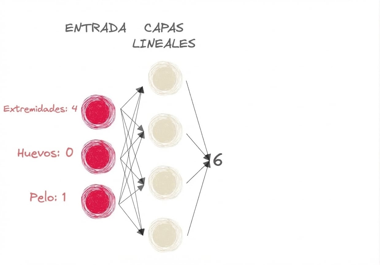 Diagrama de parte de una red neuronal con entradas y el número 6 como salida a las capas lineales