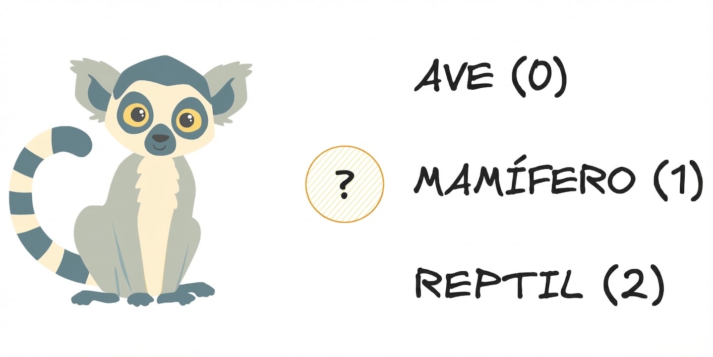 Un lémur con tres opciones: ave, mamífero o reptil