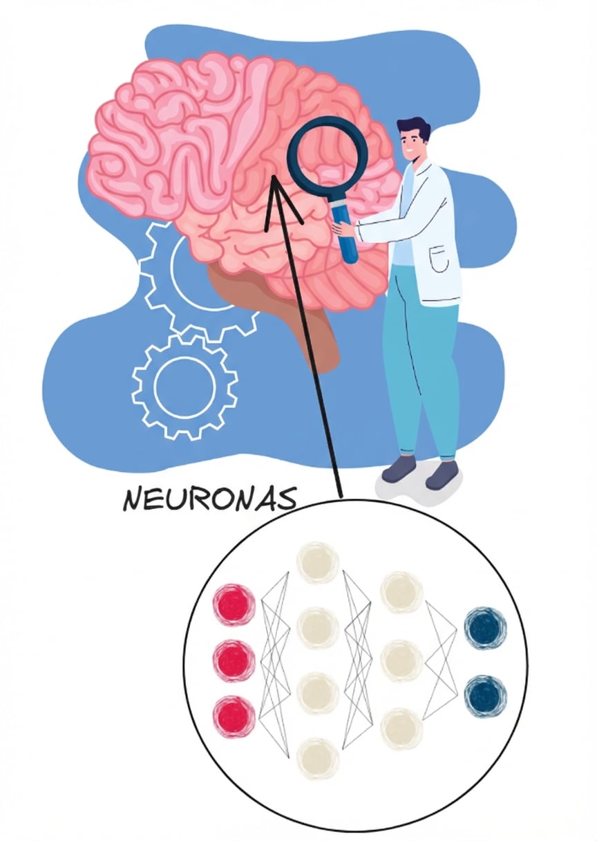 Ilustración de una persona que estudia el cerebro, centrándose en las neuronas