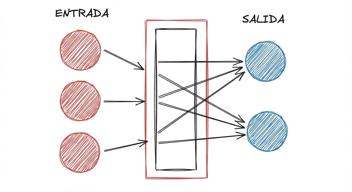Ilustración de una capa de entrada y otra de salida con flechas que conectan las capas