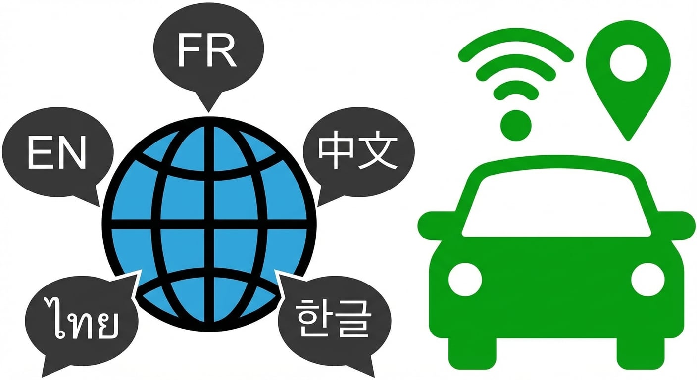 Ilustración que muestra varias lenguas alrededor del globo, y un vehículo autónomo