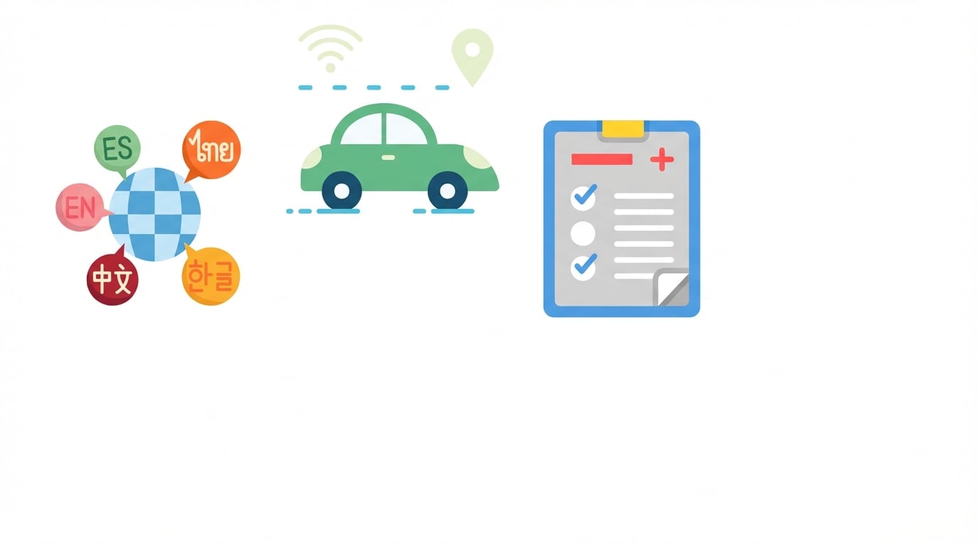 Ilustración que muestra varias lenguas alrededor del mundo, un vehículo autónomo y un diagnóstico médico