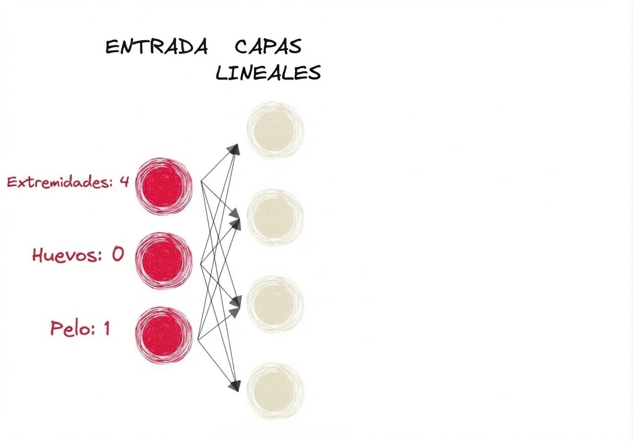 Diagrama de parte de una red neuronal con entradas y capas lineales