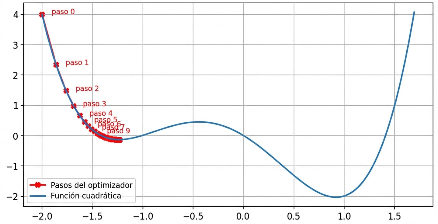 un ejemplo de optimizador atascado en un mínimo local
