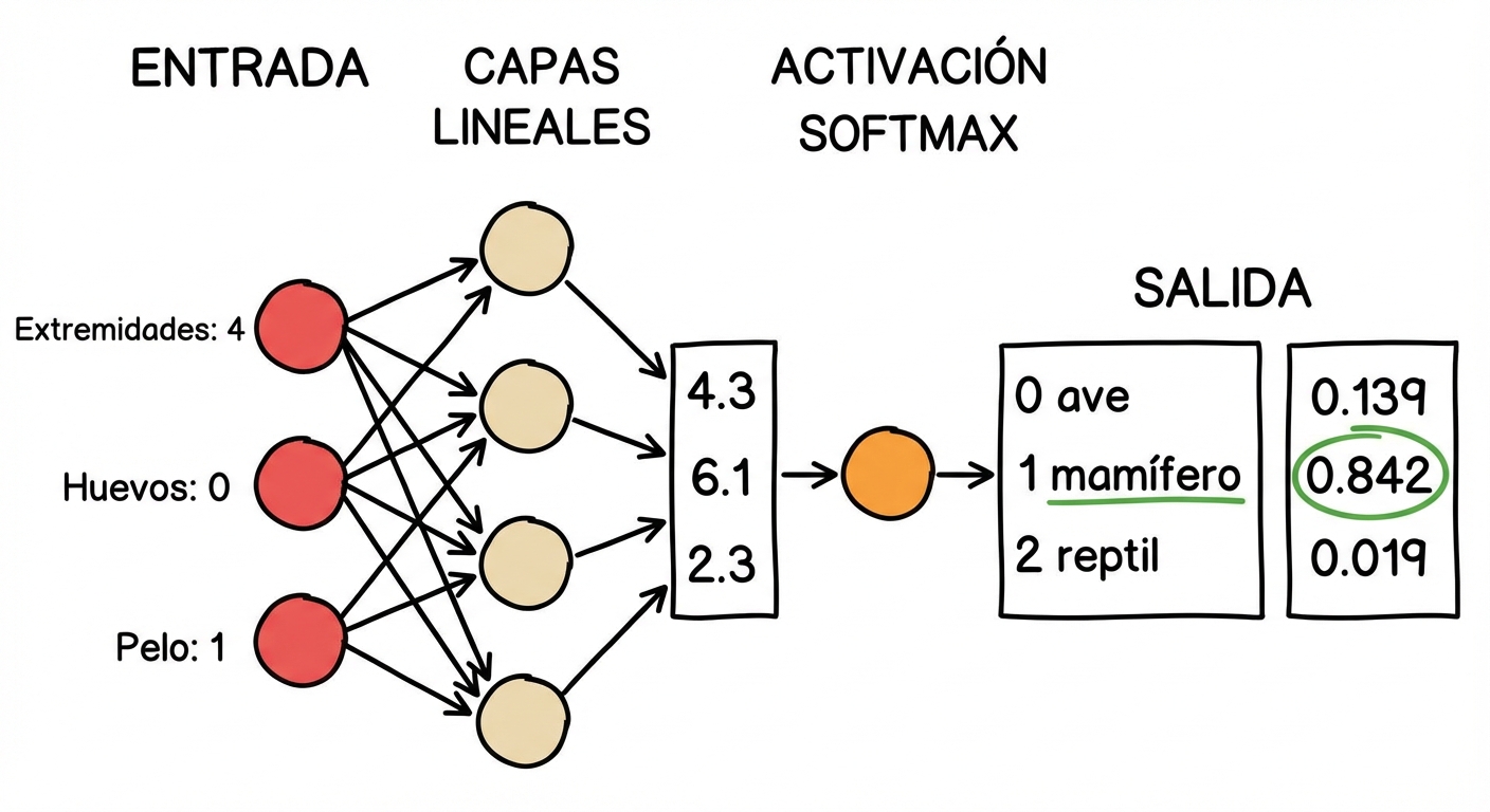 Diagrama de parte de una red neuronal con entradas, un vector como salida a las capas lineales, una función de activación softmax y una salida