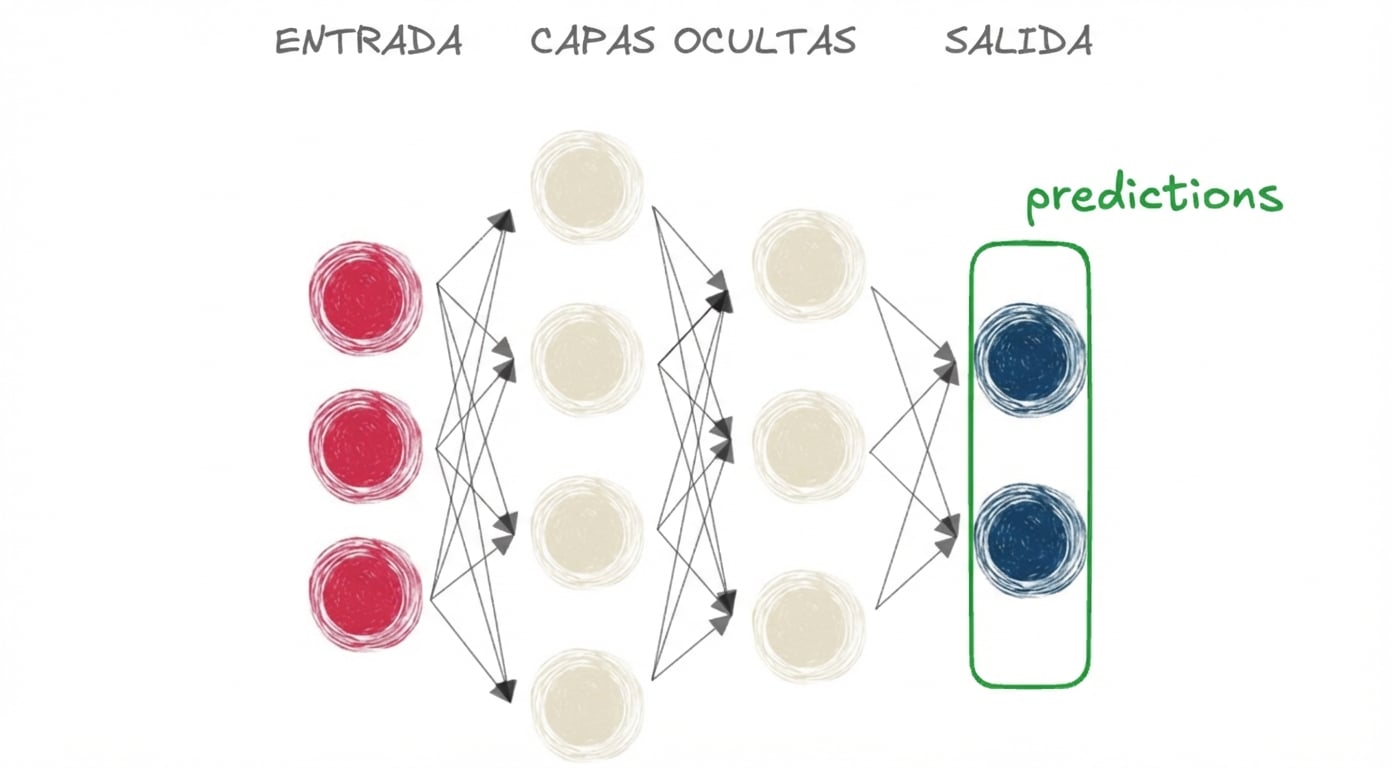Diagrama que representa una red neuronal con entrada, capa oculta y salida