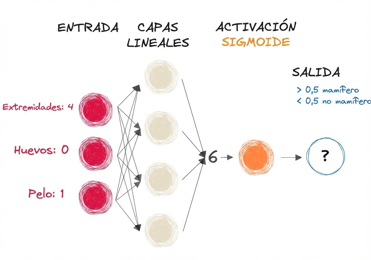 Diagrama de parte de una red neuronal con entradas, el número 6 como salida a las capas lineales, una función de activación sigmoide y una salida