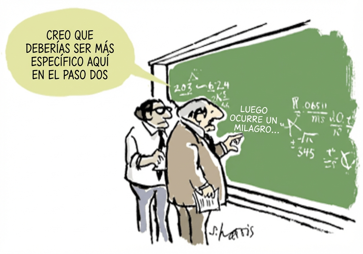 Viñeta de dos científicos que explican complicadas ecuaciones matemáticas y diciendo que luego ocurre un milagro.