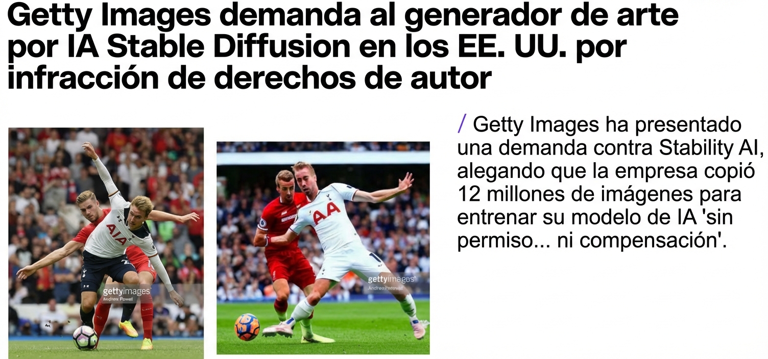 Una ilustración de la demanda de Getty Images, que muestra una fotografía original y una imagen similar (con la marca de agua de Getty Images) generada por Stable Diffusion. Imagen: Getty Images
