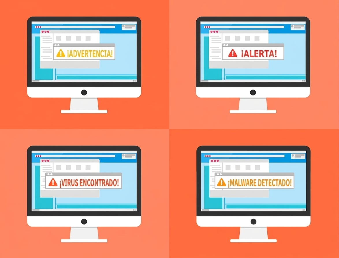 Ilustración de una vulneración de seguridad con cuatro ordenadores con diferentes señales de alarma, como Advertencia, Alerta, Virus encontrado o Malware detectado.